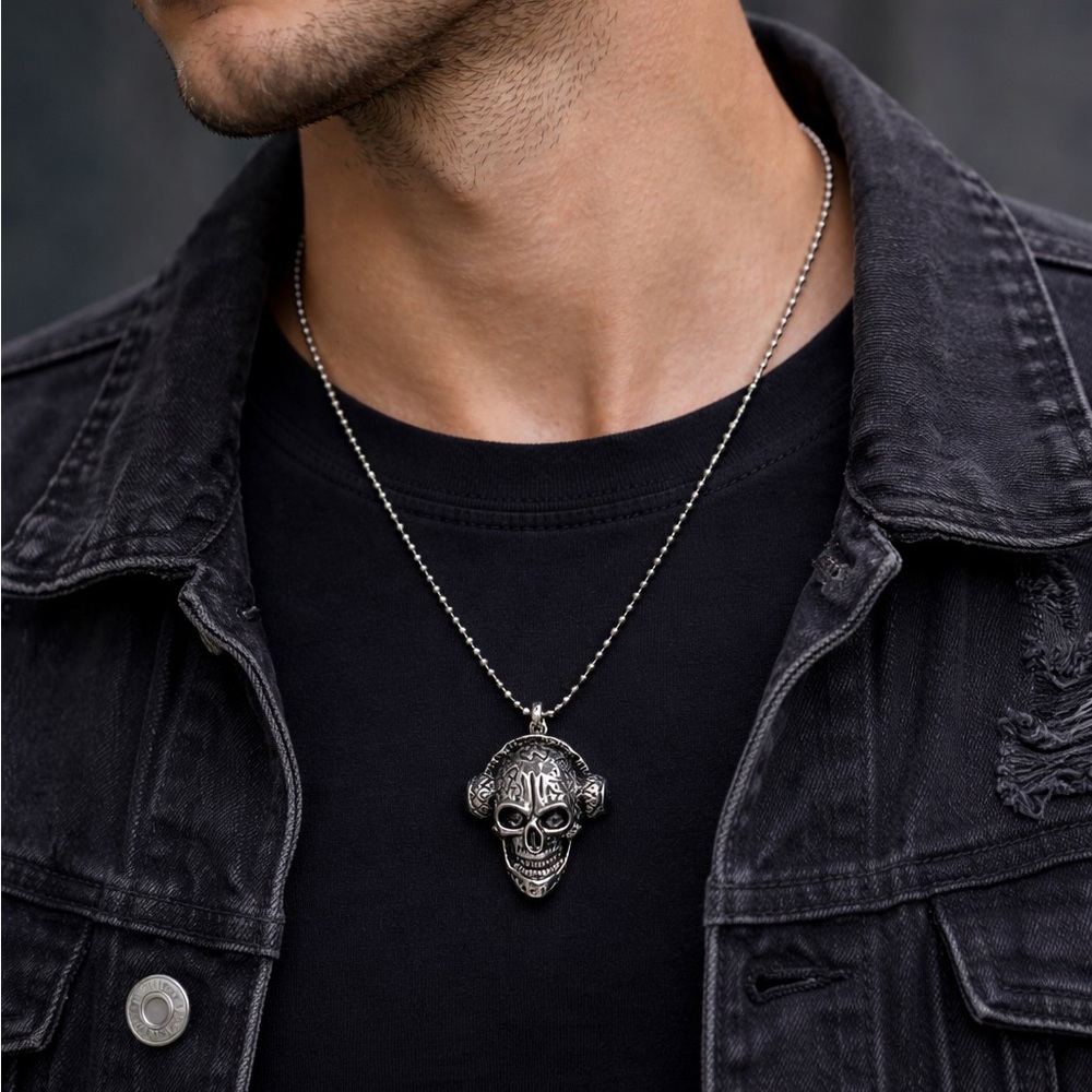 Brand New!! Skull with headphones pendant with bead chain